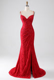 Red Mermaid Spaghetti Straps Beaded Lace Applique Long Prom Dress With Slit