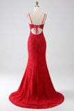 Red Mermaid Spaghetti Straps Beaded Lace Applique Long Prom Dress With Slit
