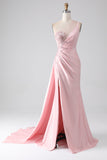 Pink Mermaid One Shoulder Sequins Appliques Ruched Long Prom Dress With Slit