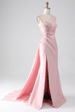 Pink Mermaid One Shoulder Sequins Appliques Ruched Long Prom Dress With Slit