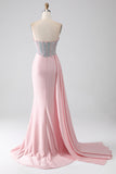 Mermaid Strapless Beaded Pleated Long Pink Prom Dress With High Slit
