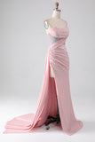 Mermaid Strapless Beaded Pleated Long Pink Prom Dress With High Slit