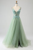 Gorgeous Light Green A Line Spaghetti Straps Long Prom Dress with Appliques