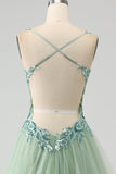 Gorgeous Light Green A Line Spaghetti Straps Long Prom Dress with Appliques