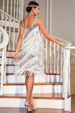 Sheath White Spaghetti Straps Sequins Fringed Flapper Formal Dress