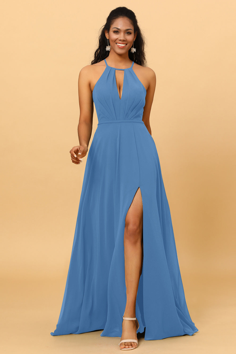 A Line Halter Open Back Long Chiffon Bridesmaid Dress With Slit
