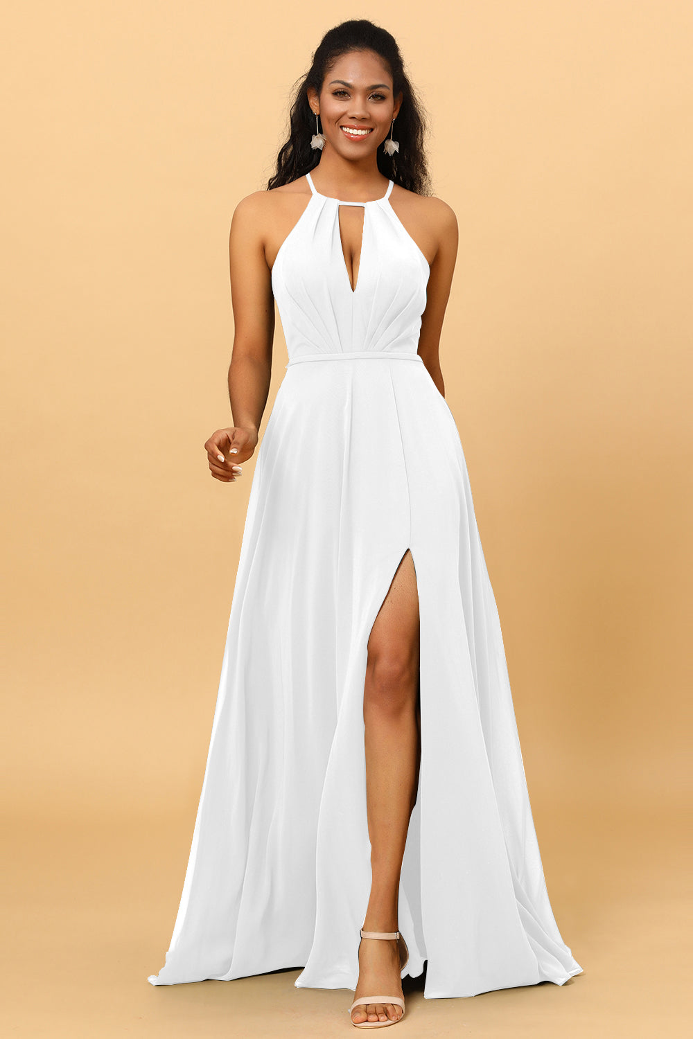 A Line Halter Open Back Long Chiffon Bridesmaid Dress With Slit