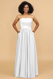 A Line Strapless Satin Floor Length Bridesmaid Dress with Pockets