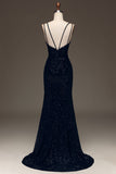 Sparkly Black Spaghetti Straps Sequin Mermaid Long Prom Dress With Slit