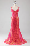Sparkly Mermaid Spaghetti Straps Fuchsia Prom Dress with Sequins