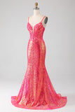 Sparkly Mermaid Spaghetti Straps Fuchsia Prom Dress with Sequins