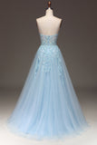 Light Blue A Line Spaghetti Straps Sequin Prom Dress With Appliques