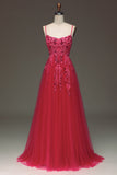 Fuchsia A Line Spaghetti Straps Long Prom Dress with Appliques