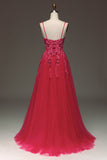 Fuchsia A Line Spaghetti Straps Long Prom Dress with Appliques