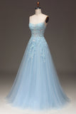 Light Blue A Line Spaghetti Straps Sequin Prom Dress With Appliques