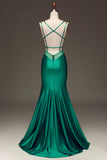 Green Mermaid Spaghetti Straps Deep V-Neck Satin Long Prom Dress with Lace-up Back
