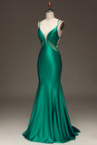 Green Mermaid Spaghetti Straps Deep V-Neck Satin Long Prom Dress with Lace-up Back