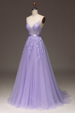 Purple A-Line Spaghetti Straps Beaded and Tulle Prom Dress with Appliques