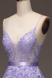 Purple A-Line Spaghetti Straps Beaded and Tulle Prom Dress with Appliques