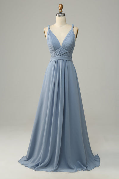 Wedtrend Women Dusty Blue Long Bridesmaid Dress Deep V Neck A Line