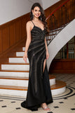 Sparkly Black Mermaid Spaghetti Straps Long Prom Dress with Beading Split Front