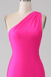 Hot Pink Mermaid One Shoulder Long Prom Dress With Pleated
