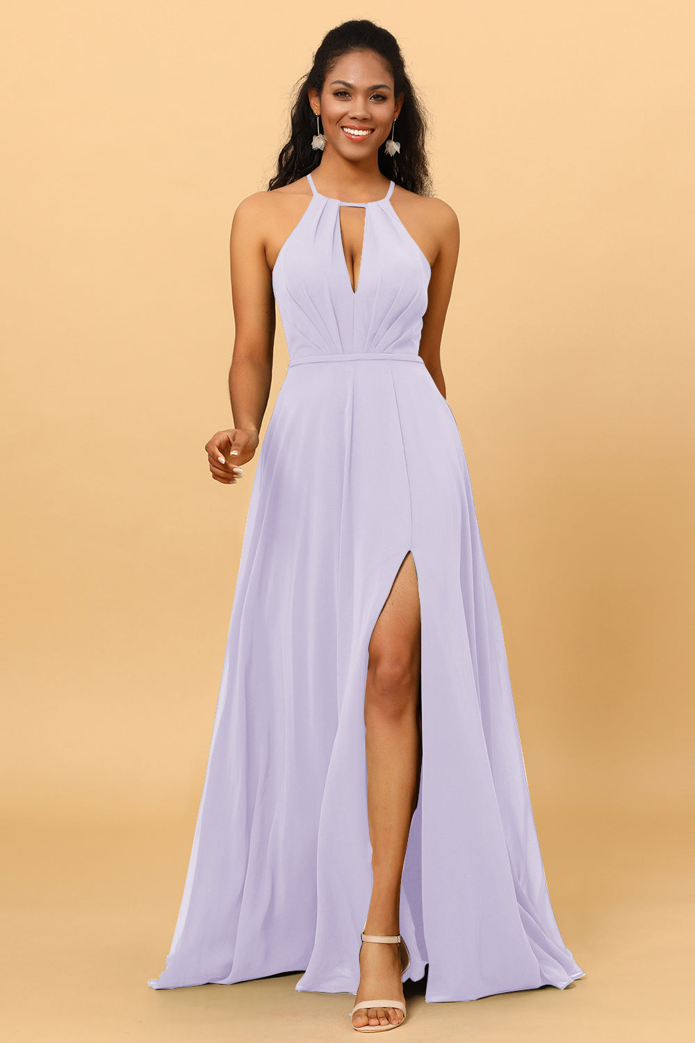 A Line Halter Open Back Long Chiffon Bridesmaid Dress With Slit
