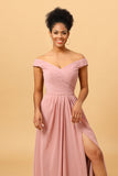 Dusty Rose Ruched Long Chiffon Bridesmaid Dress with Slit