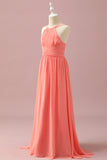 Coral A-Line Halter Floor Length Chiffon Junior Bridesmaid Dress