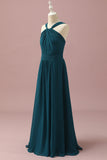 Dark Green A-Line Halter Floor Length Chiffon Junior Bridesmaid Dress