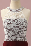 Burgundy A-Line Halter Lace and Chiffon Long Junior Bridesmaid Dress