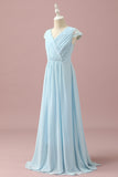 Light Blue A-Line V Neck Floor Length Chiffon Junior Bridesmaid Dress