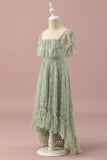 Green High Low Square Neck Asymmetrical Lace Junior Bridesmaid Dress