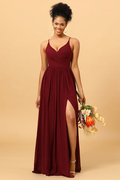 Wedtrend Women Burgundy A-Line Ruched Long Chiffon Bridesmaid Dress with Slit, Burgundy / US16W