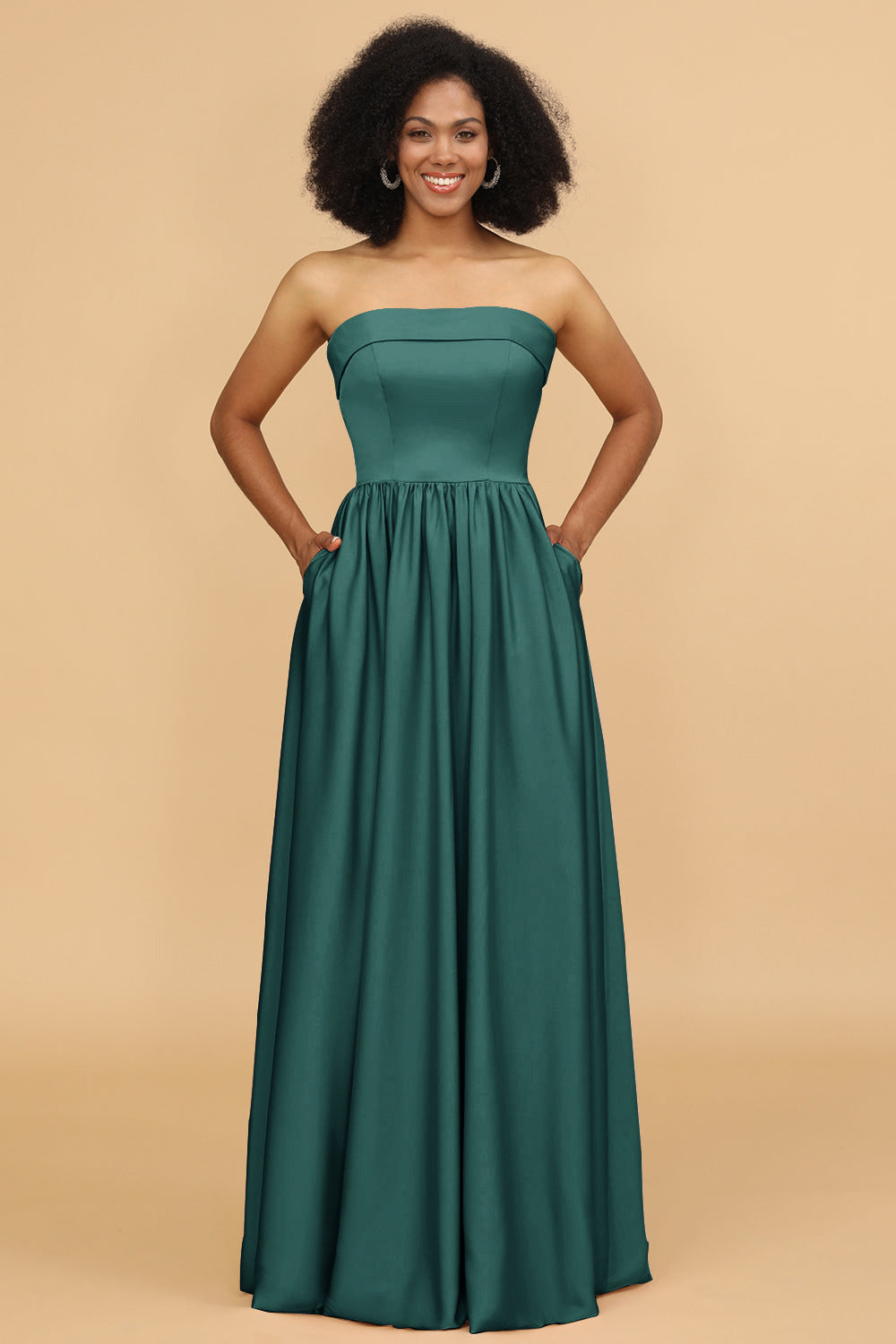 A Line Strapless Satin Floor Length Bridesmaid Dress with Pockets