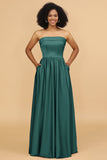 A Line Strapless Satin Floor Length Bridesmaid Dress with Pockets