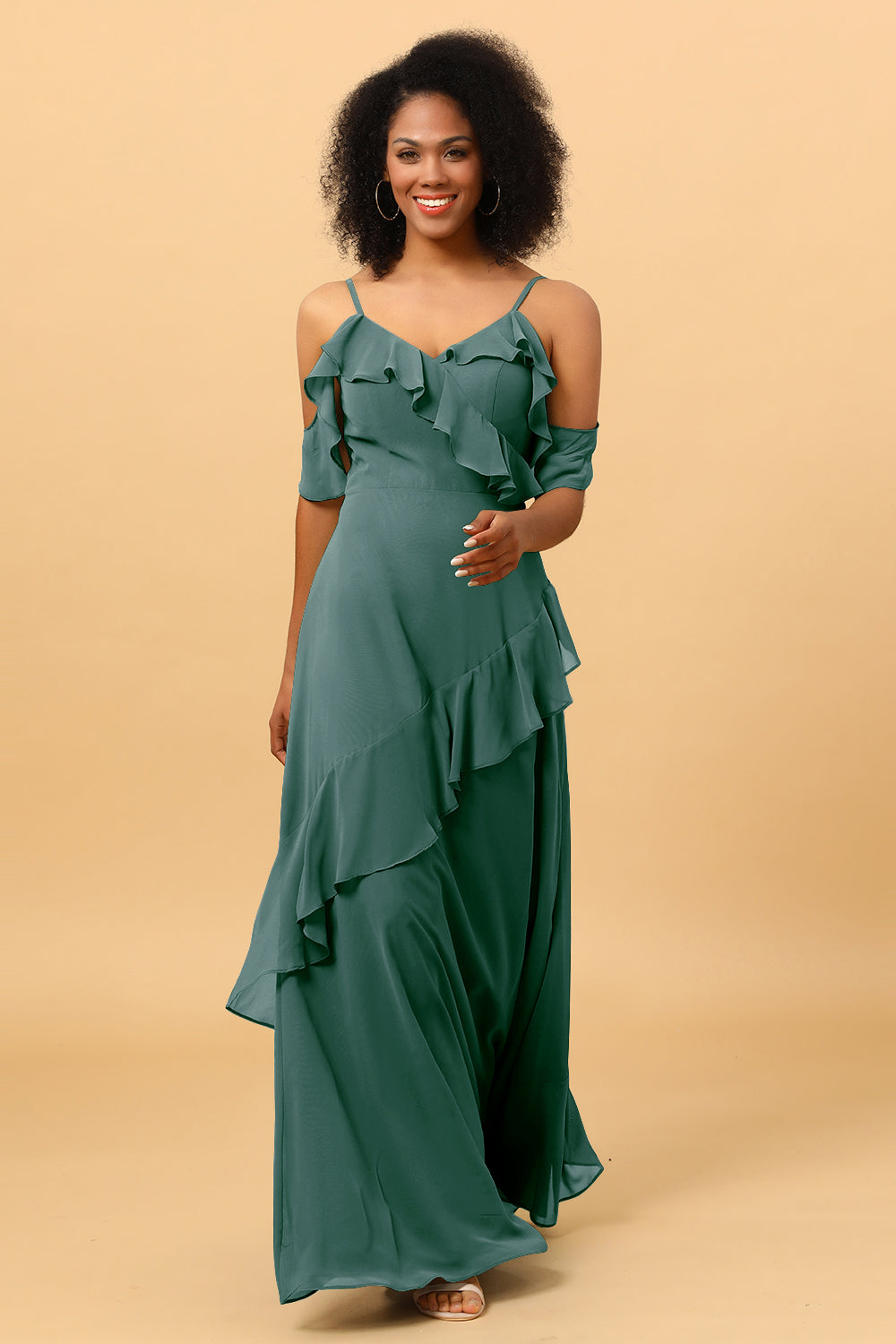 A Line Spaghetti Straps Long Chiffon Bridesmaid Dress with Ruffles