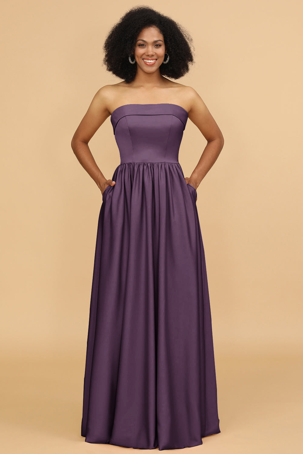 A Line Strapless Satin Floor Length Bridesmaid Dress with Pockets