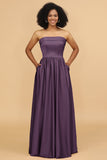 A Line Strapless Satin Floor Length Bridesmaid Dress with Pockets