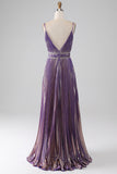 Glitter Purple A-Line Spaghetti Straps V Neck Pleated Backless Prom Dress