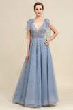 Grey Blue A Line Beading Glitter Mother of Bride Dress