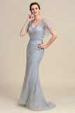 Grey Mermaid Beading V-neck Glitter Mother of Bride Dress