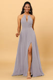 A Line Halter Open Back Long Chiffon Bridesmaid Dress With Slit