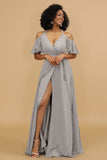 A Line Halter Cold Shoulder Chiffon Bridesmaid Dress with Slit