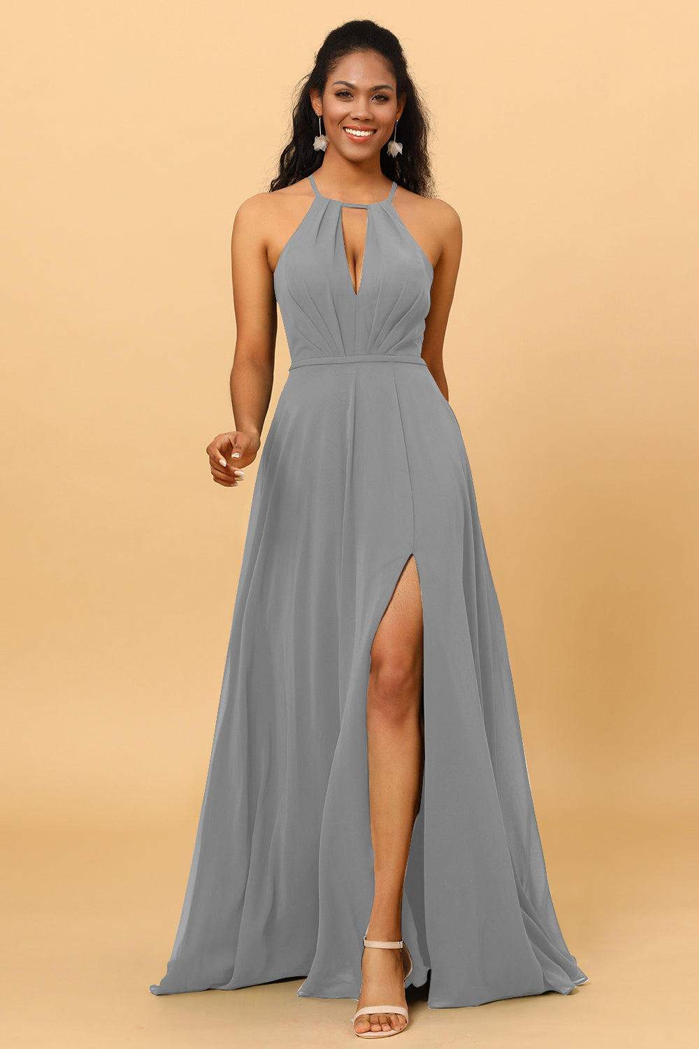 A Line Halter Open Back Long Chiffon Bridesmaid Dress With Slit