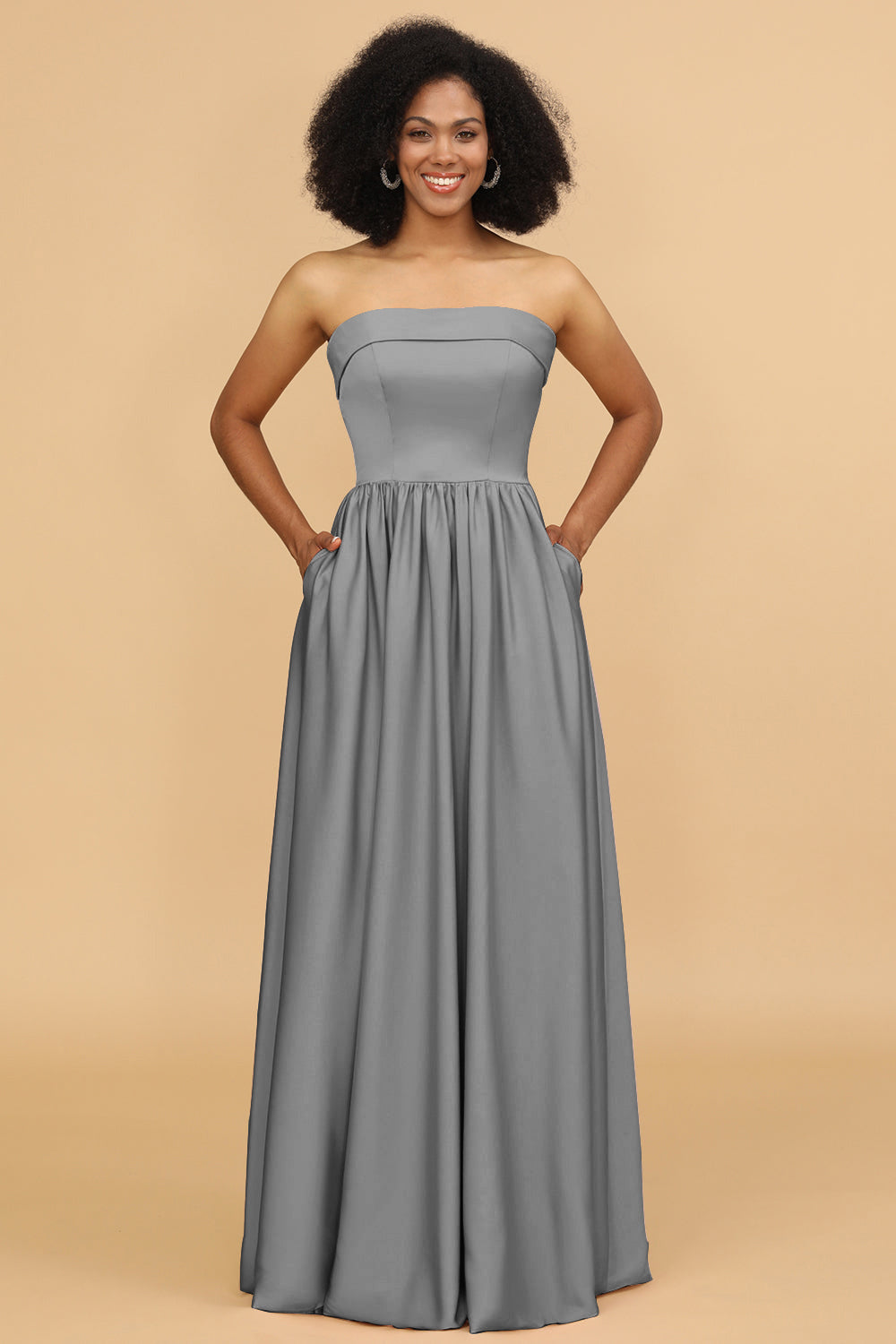 A Line Strapless Satin Floor Length Bridesmaid Dress with Pockets