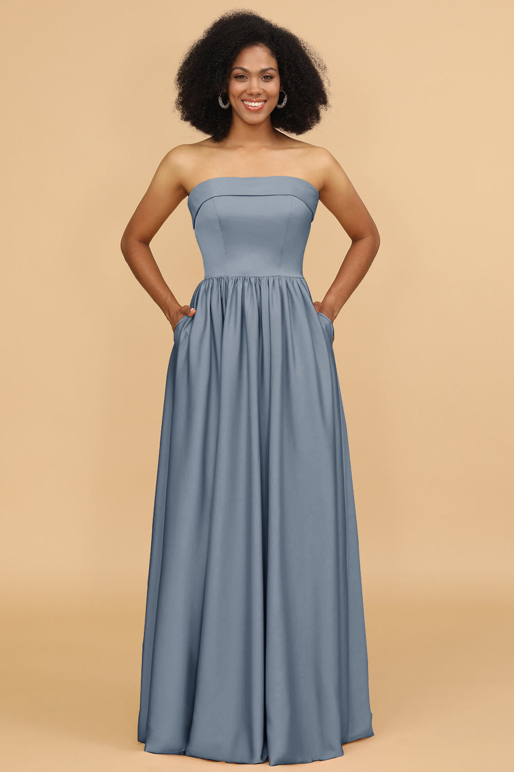 A Line Strapless Satin Floor Length Bridesmaid Dress with Pockets