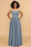 A Line Strapless Satin Floor Length Bridesmaid Dress with Pockets