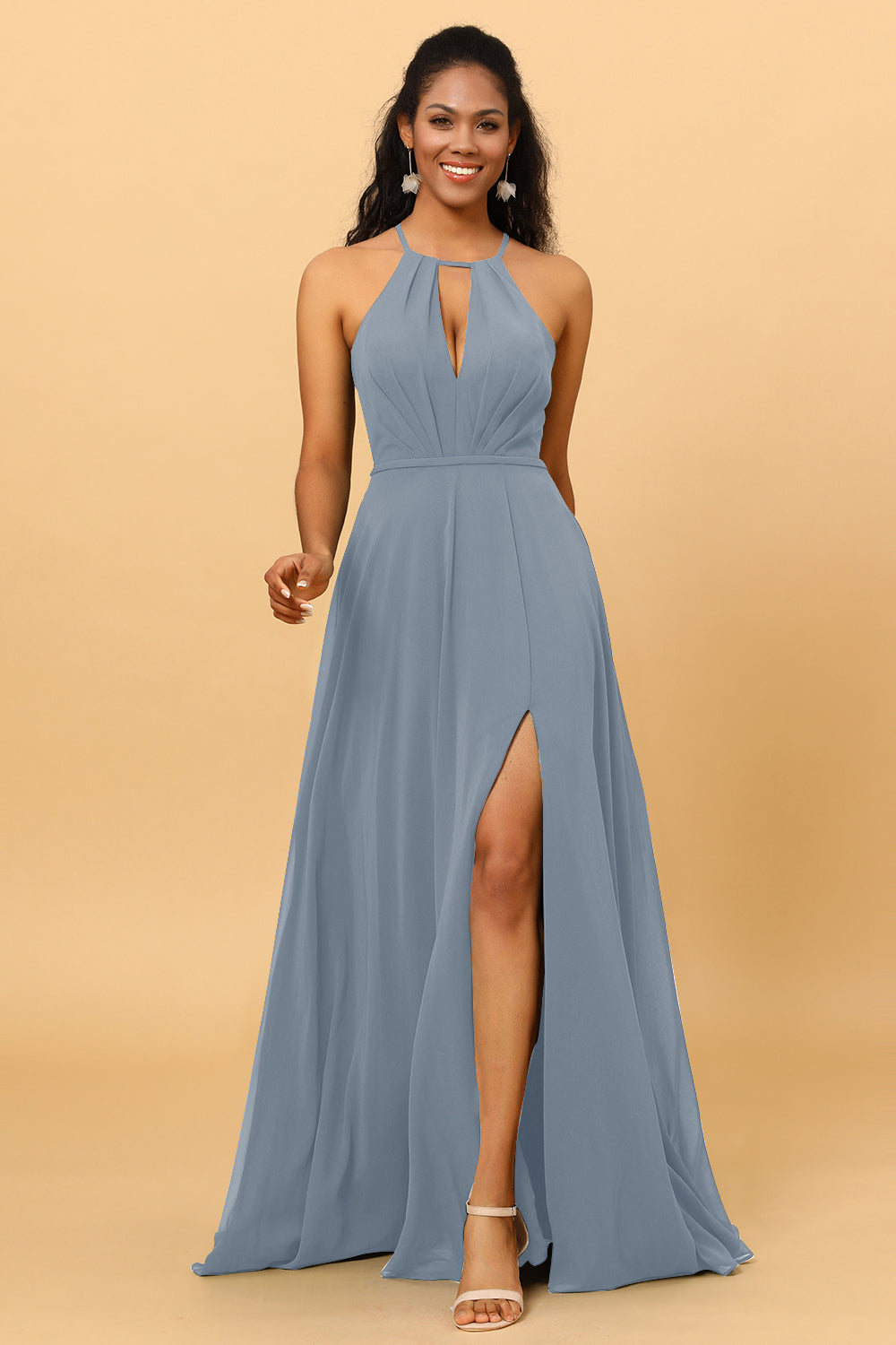 A Line Halter Open Back Long Chiffon Bridesmaid Dress With Slit