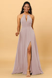 A Line Halter Open Back Long Chiffon Bridesmaid Dress With Slit